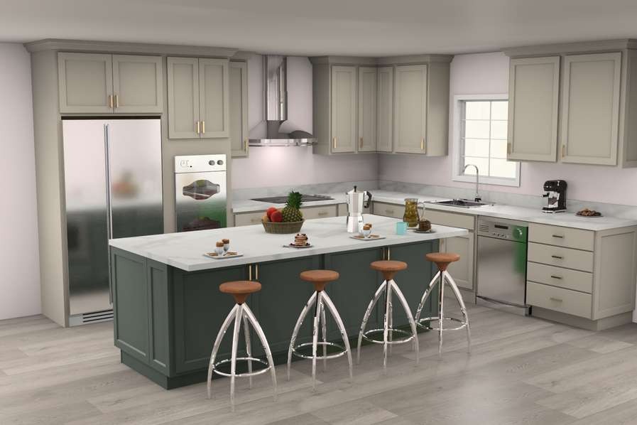 3D design of a kitchen remodel showing a green island with seating, light shaker perimeter cabinets and quartz counters